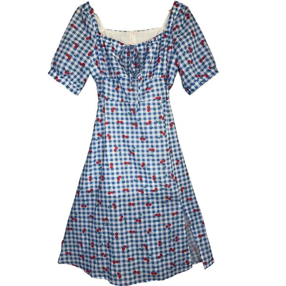 NEW Gingham Plaid Cherry Print Pink Dress Large Twee Kawaii Kidcore Cute Cutey - Picture 1 of 7